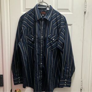 Plains Western Wear Shirt Men XL Blue Black Pearl Snap Western Shirt